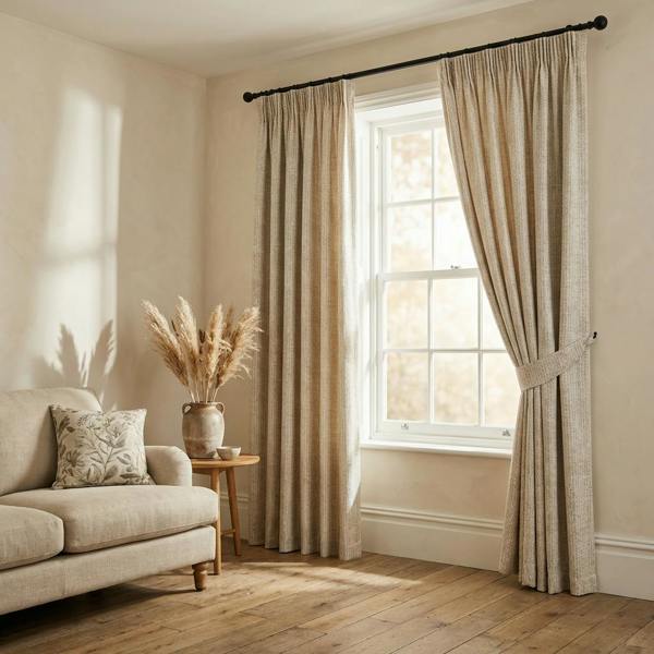 Malaga made-to-measure curtains in Oyster, styled in a living room