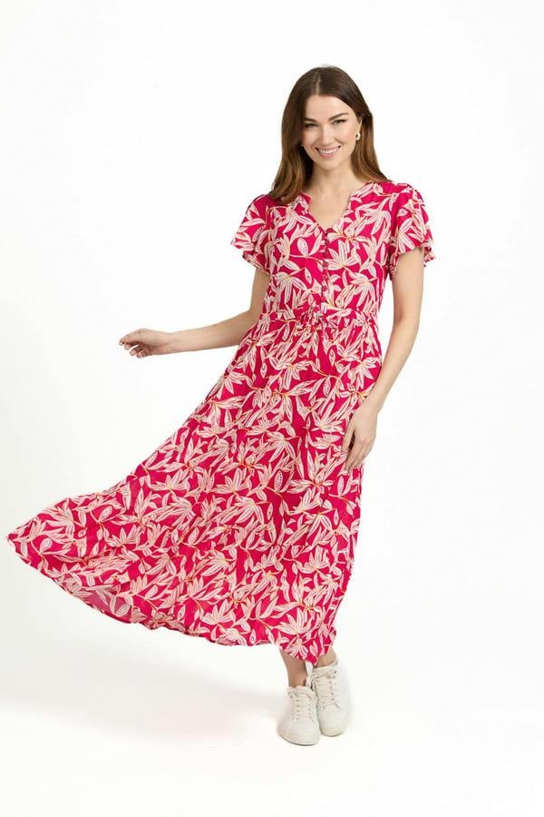 Mudflower Leaf Print Button-Up Elasticated Tie-Front Flared Midi Dress