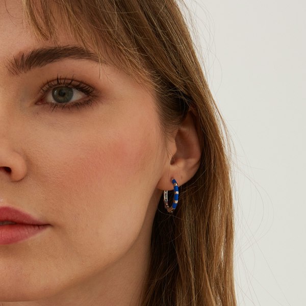 Spero London Enamel Blue Fine Stripe Sterling Silver Hoop Earrings With Multicolor Zirconia Interior