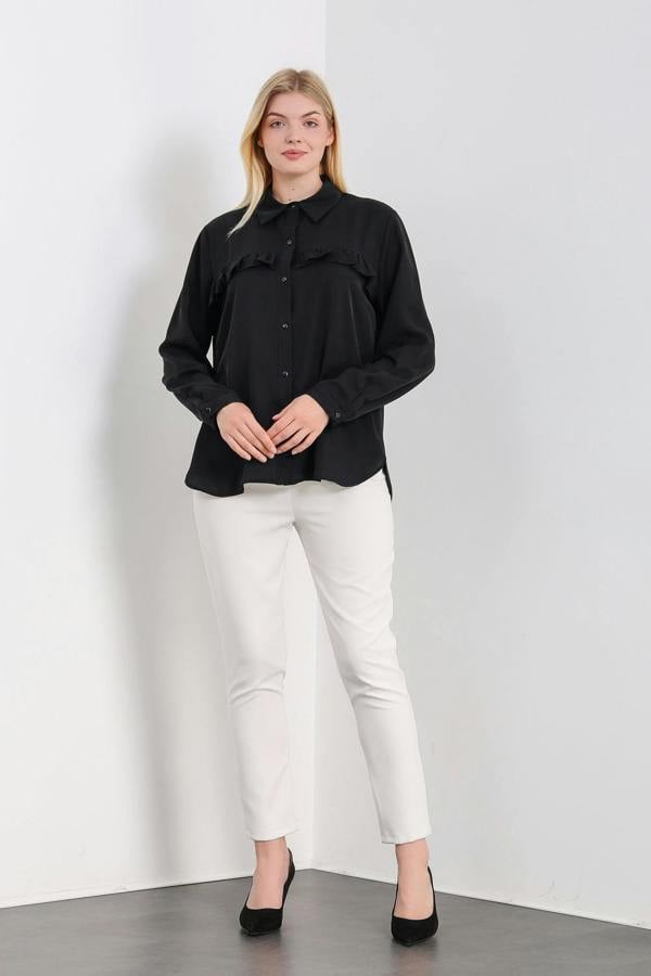 Hoxton Gal Oversized Frill Detailed Long Sleeves Blouse Shirt in Black