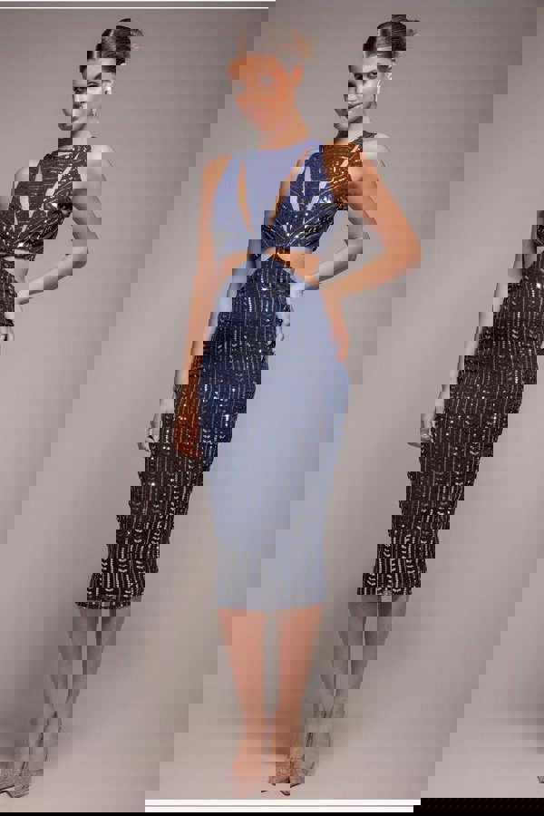Patterned Sequin Cut Out Midi Dress - Navy DR3756