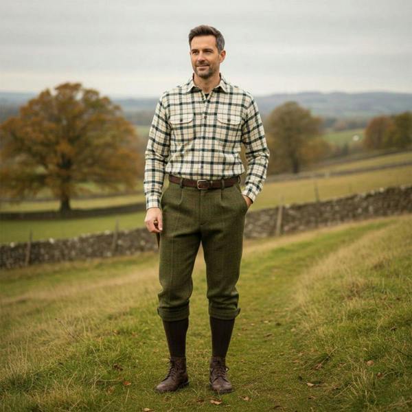 Man wearing Game Men's Ascot Derby Tweed Breeks with country shirt and shooting socks, ideal for field sports and rural events.