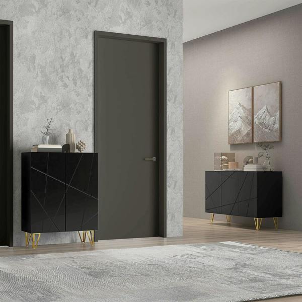 Black high-gloss sideboard with geometric doors and gold hairpin legs