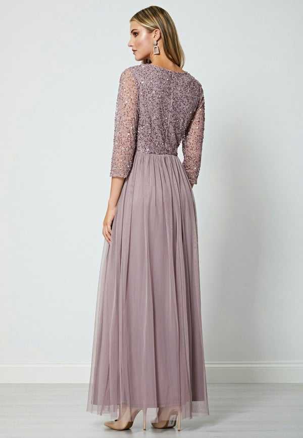 Embellished Sequin Long Sleeve Maxi Dress in Lavender - ANGELEYE