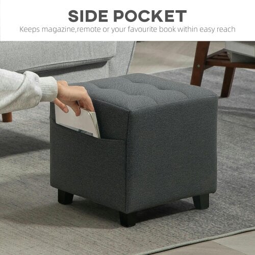 Wyld Haus Linen Grey Compact Square Footstool With Side Pocket And Black Wooden Legs