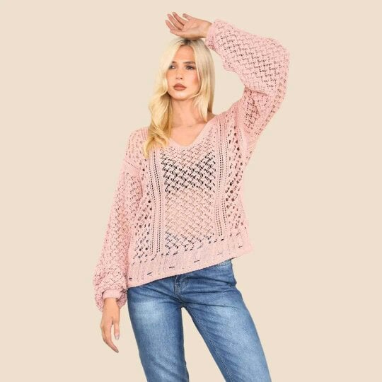 Elaina Fashion Women's Pink Open Crochet Hole Knit Jumper with Long Sleeve Cut-Out Design Blouse- Loose and Stylish Sweater Warm Top