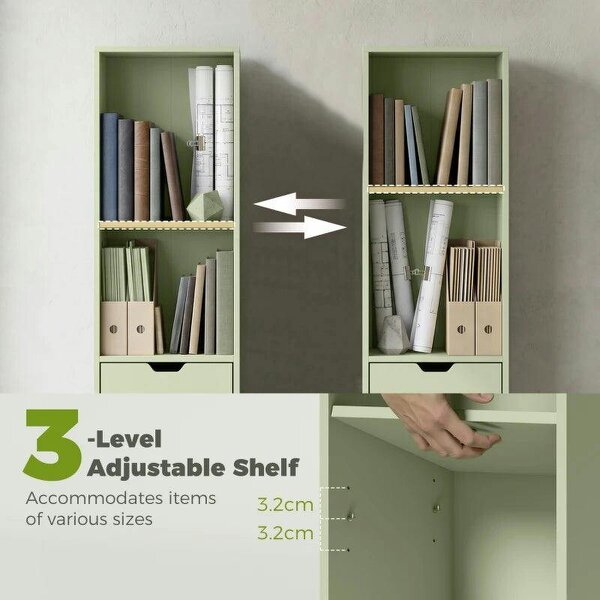 6-Tier Bookcase, Tall Narrow Bookshelf with Drawer and Door - Green