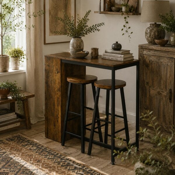 Wyld Haus Vasori Metal And Wooden Industrial 3 Piece Bar Table Set With Storage Shelving