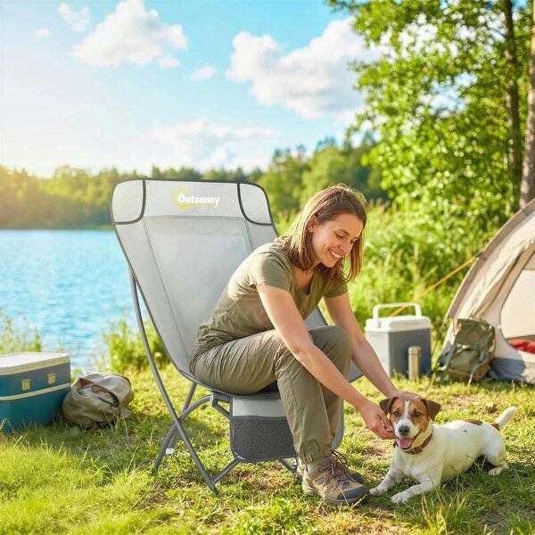 Camping Chair for Adults Heavy Duty Folding Camp Chair with Side Pocket and Carry Bag Light Grey
