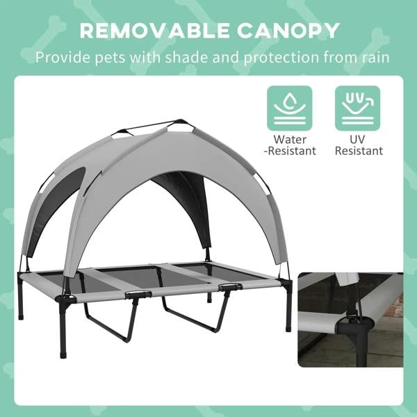 Light grey elevated dog bed with removable canopy over breathable mesh base