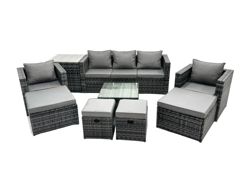 Fimous Outdoor Rattan Garden Furniture Set 9 Seater Patio Lounge Sofa Set with Armchair Square Coffee Table Side Table 4 Footstool Dark Grey Mixed