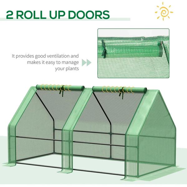 Green mini greenhouse with steel frame, two roll-up doors and PE mesh cover