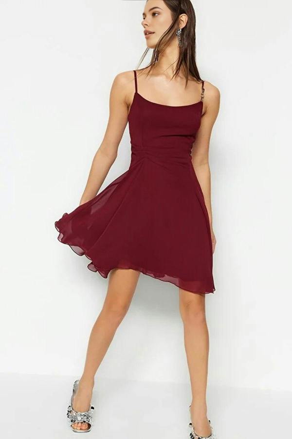 WOVCOR A-Line Accessory Detailed Lined Chiffon Short Flowy Evening Dress