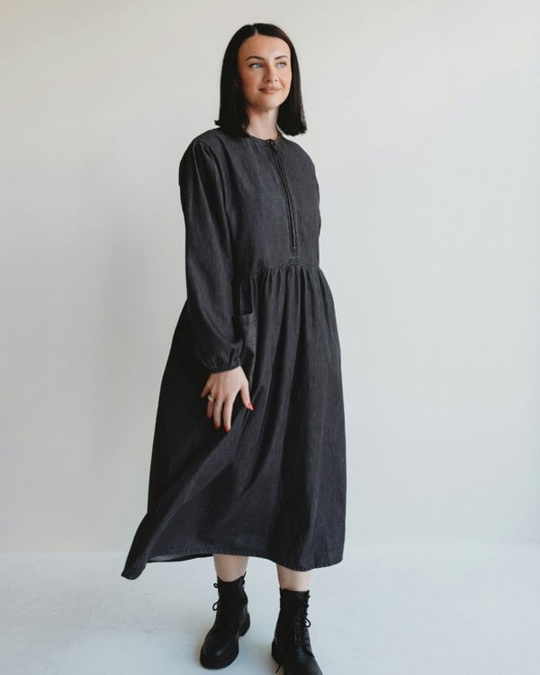 Magda Black Denim Long Sleeve Midi Dress- image 1