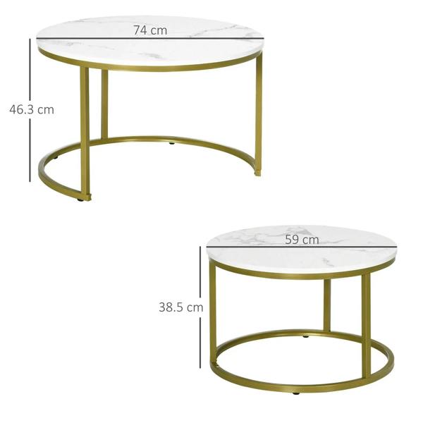 Two round nesting tables with white marble-look tops and gold metal frames