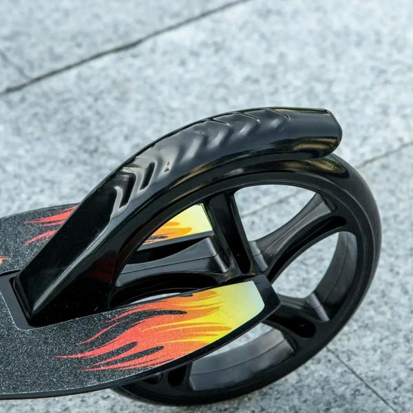 Black front wheel and fender with flame graphic on scooter deck