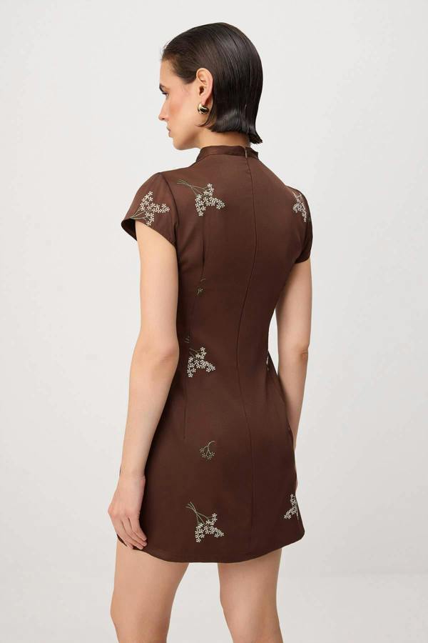 Square Neck Short Sleeve Embroidered Tie Detail A-Line Mini Dress