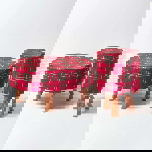 HOMESCAPES Traditional Red, Green and White Tartan Flat Footstool with Legs