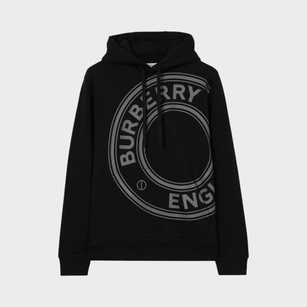 Supplied Fashion black Burberry Farley hoodie featuring a large circular logo print on the front with a drawstring hood