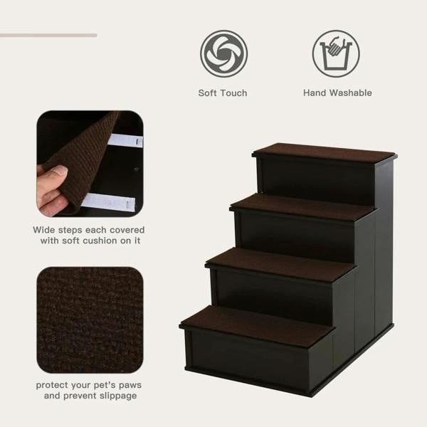 Pet stairs with brown cushioned steps and non-slip carpet treads in dark brown