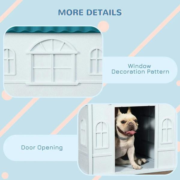 White plastic dog house detail panel with decorative window and door opening