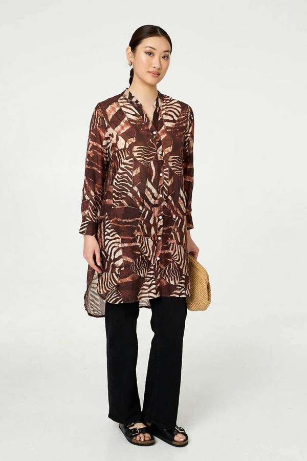 Brown | Animal Print Semi Sheer Longline Shirt