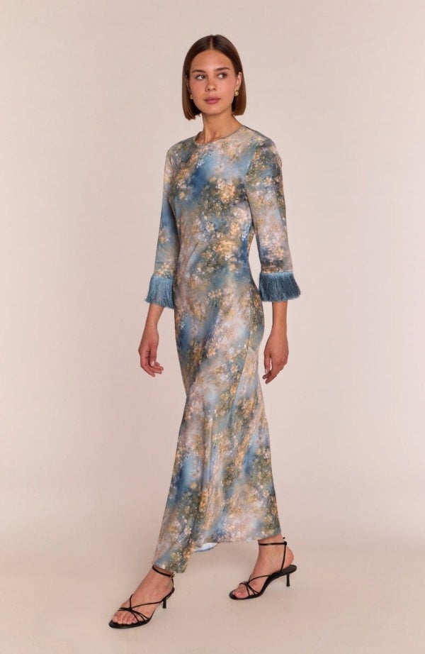 Rewritten London Dolly Fringe Sleeve Dress in Blue Print