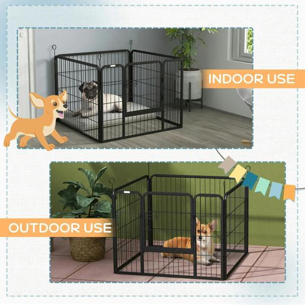 Grey dog playpen shown for indoor and outdoor use in two scenes