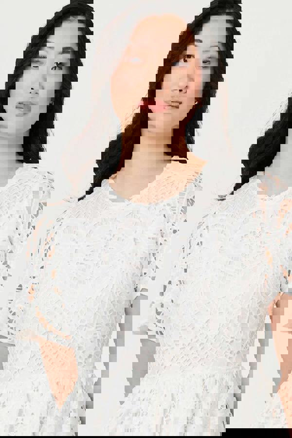 White | Semi Sheer Lace Layered Midi Dress