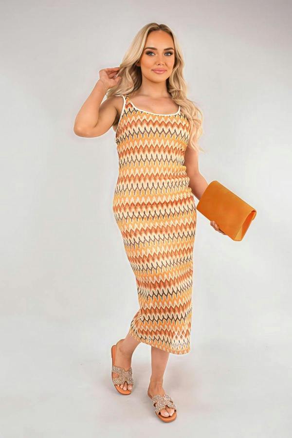Cleo Sleeveless Scoop Neck Bodycon Midi Dress With Zig-zag Knit Detail - Orange