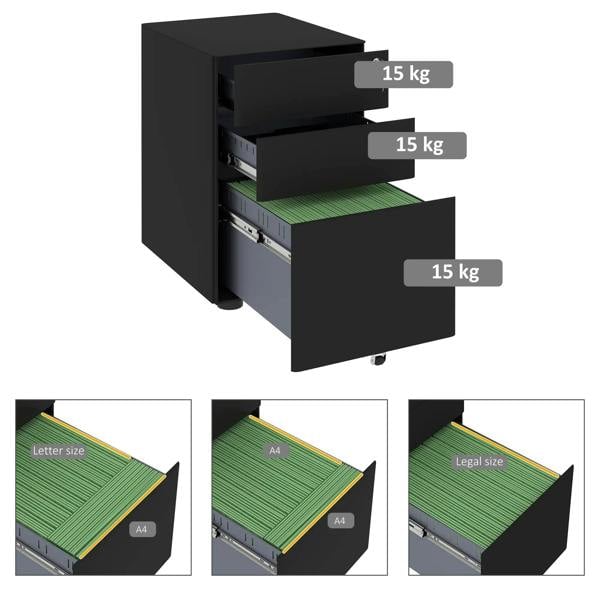 Open black three-drawer lockable filing cabinet showing drawer compartments for files