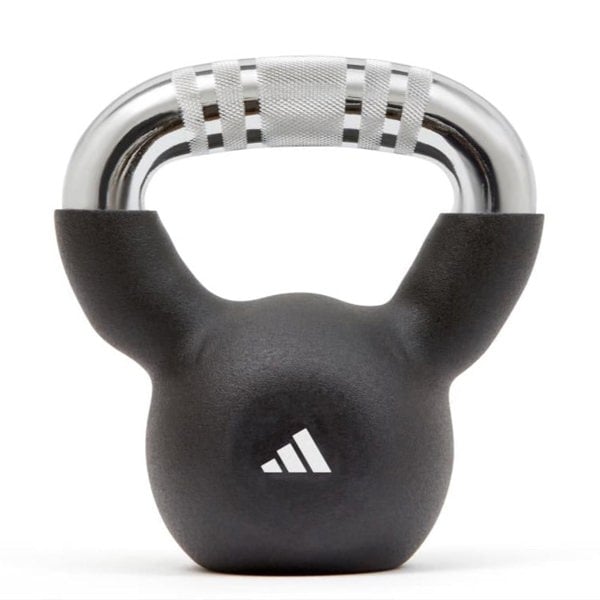 Black 4kg adidas kettlebell with silver handle on a white background