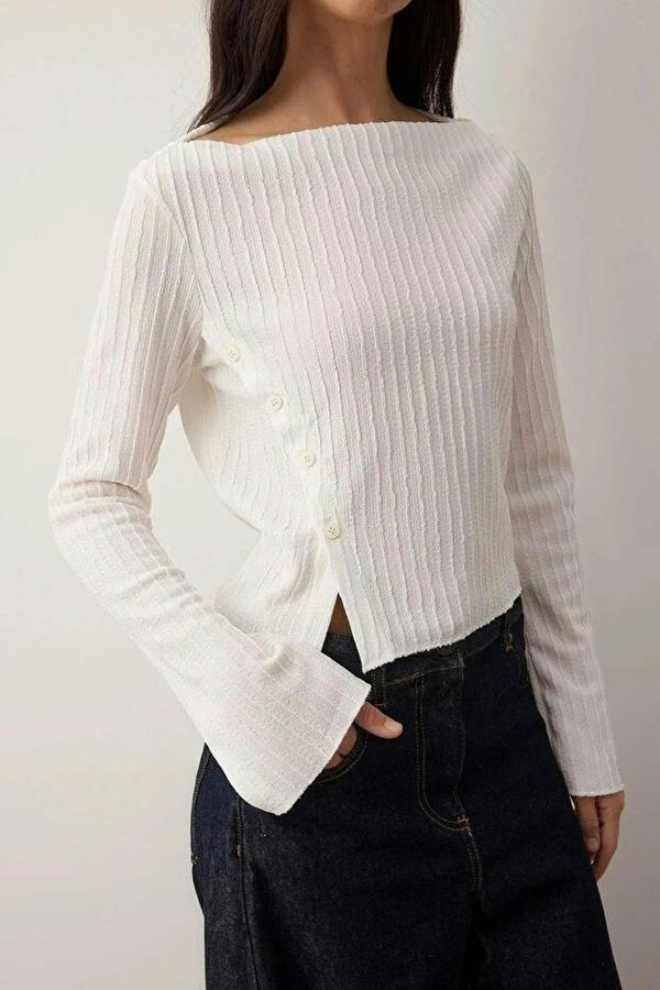 WOVCOR Asymmetrical Flexible Knit Blouse with Button Detail