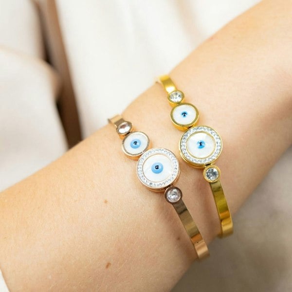 The Colourful Aura Evil Eye Round Brass White Enamel Gold Zircon Armlet Bangle