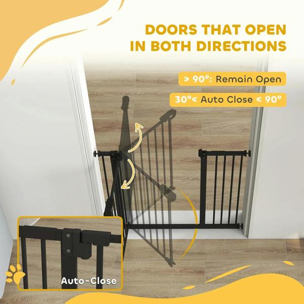 Black safety gate with open swing position and hinge-style auto-close area