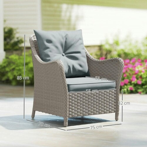 Bobobiy Rattan Garden Chairs Set of 2, Outdoor Rattan Chairs with Cushions, PE Wicker Garden Armchair with Steel Frame, Light Grey