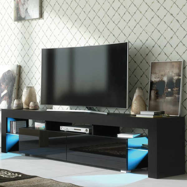 Mex Furniture Sleek 200cm TV Unit Modern Cabinet TV Stand Black High Gloss Doors with Free LED