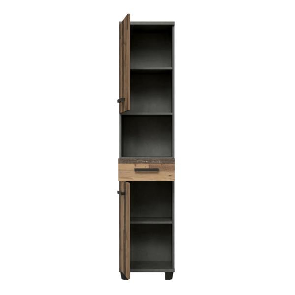Furniture To Go Veris Tall Narrow Bathroom Cupboard with 2 Doors & 1 Drawer in Walnut and Dark Grey