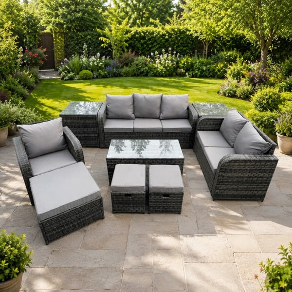 Fimous High Back Rattan Garden Furniture Set with Loveseat Sofa Coffee Table 2 Side Tables 3 Footstools Indoor Outdoor Patio Lounge Sofa Set