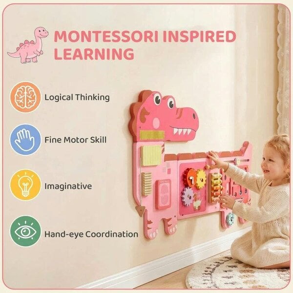 Bobobiy Busy Board Panels, Wall Mounted Montessori Inspired Busy Board, Toddler Learning Centre Dinosaur Theme, Pink