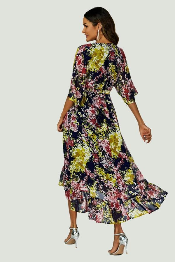 FS Collection Floral Print Wrap Top Kimono Sleeve Maxi Dress In Navy