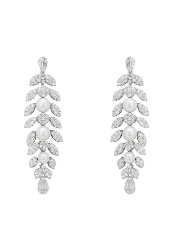 Diamond leaf earrings with pearl dew.