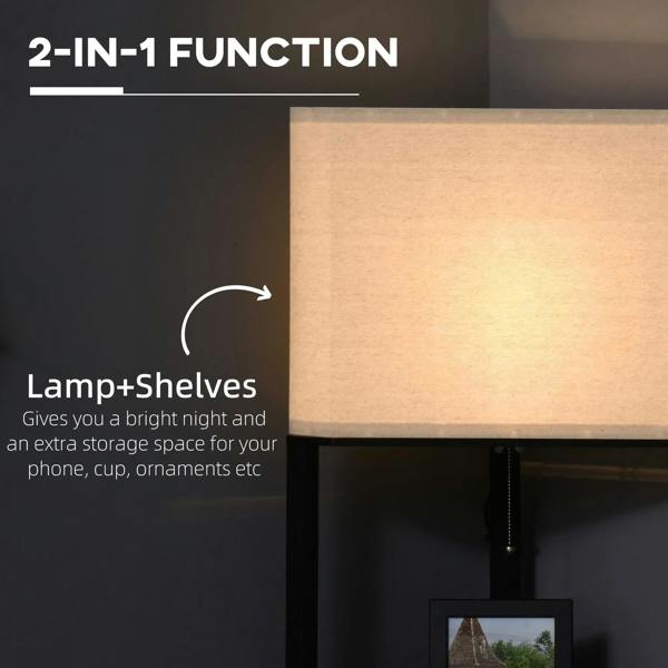 Black corner floor lamp with beige fabric shade and stacked storage shelves
