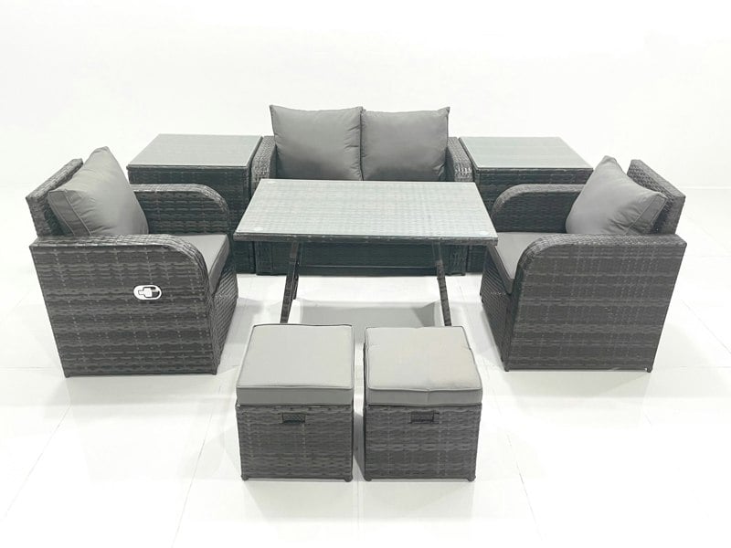 Fimous Outdoor Garden Furniture Set Rattan Sofa Dining Table Set with Reclining Chair 2 Small Footstool 2 Side Table Dark Grey Mixed