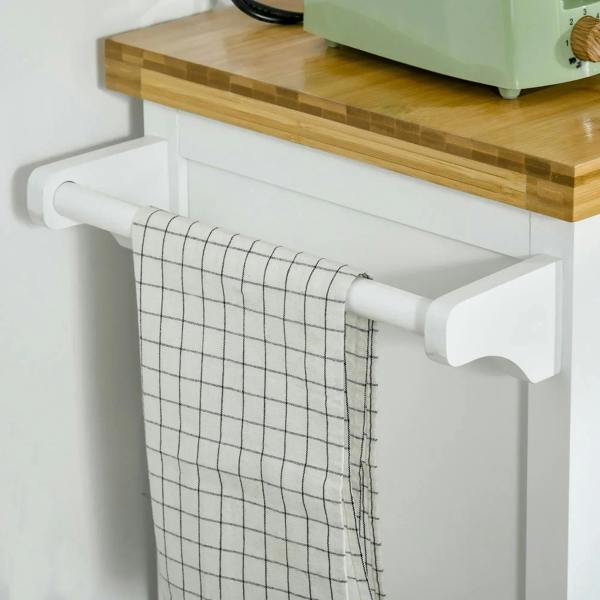 White kitchen cart with bamboo top and white towel rail holding a check-pattern towel