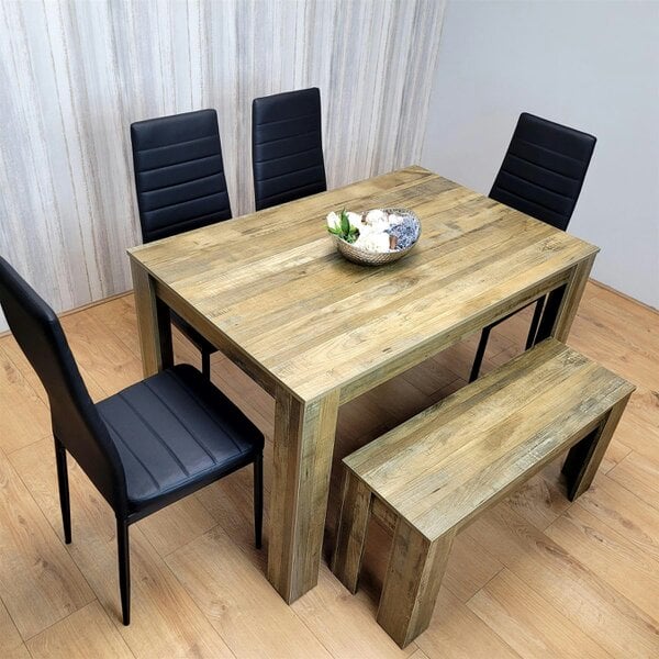 Kosy Koala Wooden Dining Table Set for 6 Rustic Effect Table With 4 Black Leather Chairs and 1 Bench