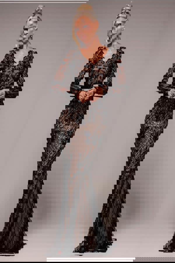 Full Sleeve Sequin Evening Dress - Black DR3196