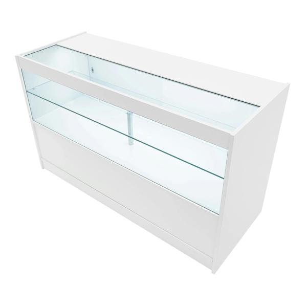 Theia LED shop counter set in white, featuring a sleek design with glass display shelves and a smooth, modern finish