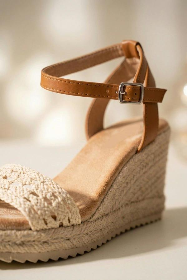 Pearl Crochet Strap Espadrille Wedge Sandals - Beige