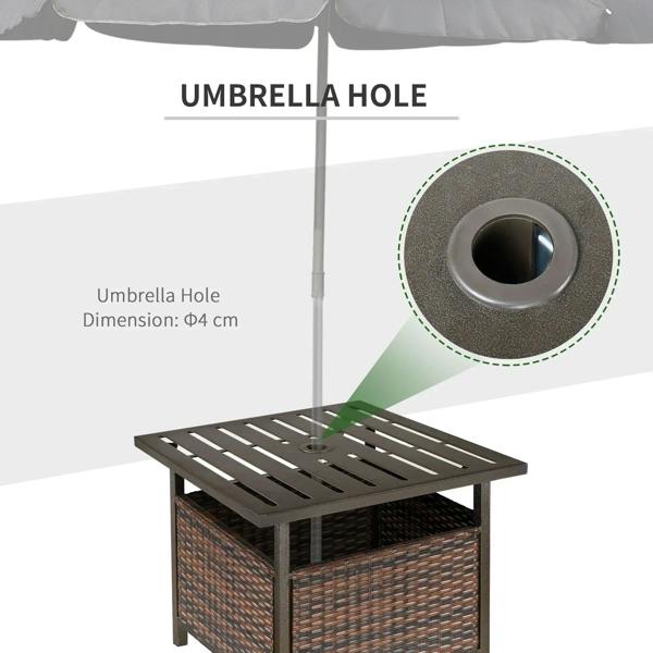 Coffee table top detail with circular umbrella hole and brown rattan sides